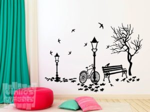 Vinilo decorativo conjunto parque "Bicicleta, árbol, banco, farolas, pájaros..."
