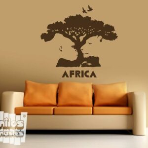 Vinilo decorativo África "árbol, gorila y león".