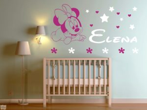 Vinilo decorativo de Minnie Mouse con estrellas + nombre personalizado. Disney.