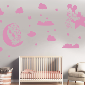 Vinilo decorativo conjunto minnie y mickey + nubes
