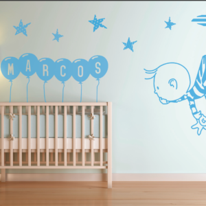 Vinilo decorativo conjunto niño, luna y estrellas + nombre en globos