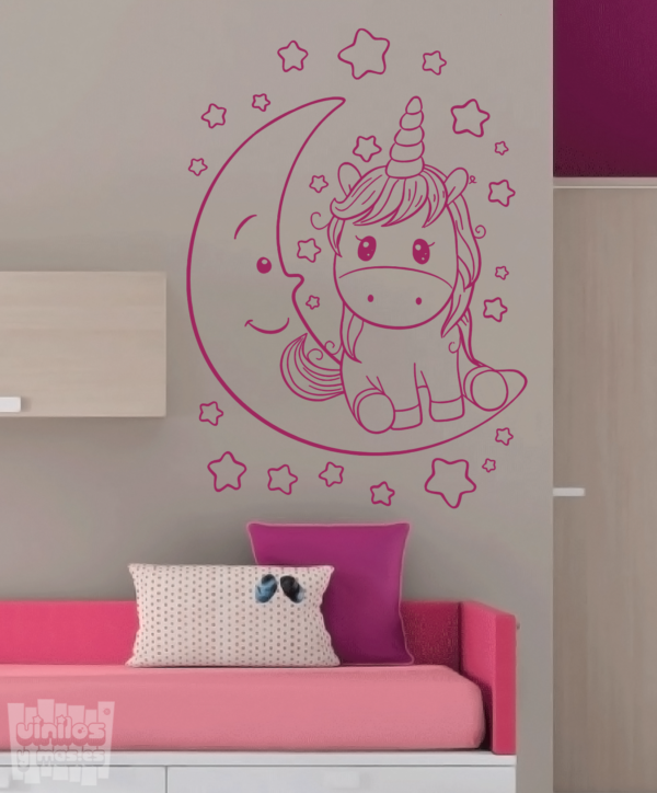 Vinilo decorativo unicornio con luna y estrellas.