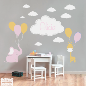 Vinilo decorativo Conjunto niña "elefante, jirafa y nubes + nombre"
