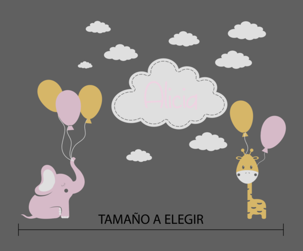 conjunto niña, elefante nubes y jirafa - vinilosymas.es