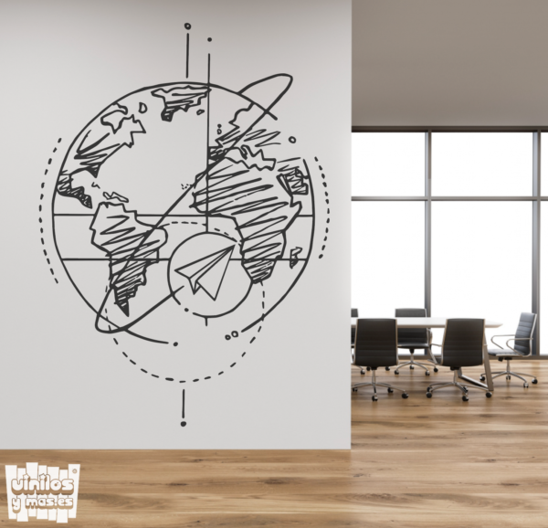 Vinilo decorativo: Dibujo tierra y avión de papel.